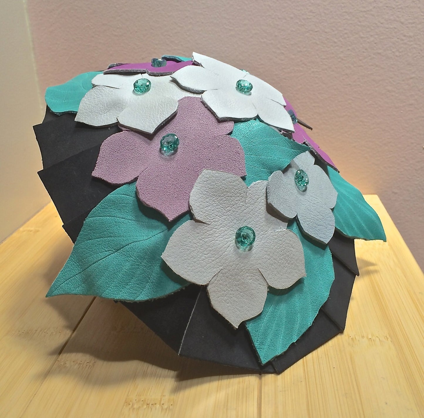 Fascinator, Leather fashion hat, turquoise floral leather hat, Leather fascinator. Garden Party or Wedding hat. Turquoise and violet flowers