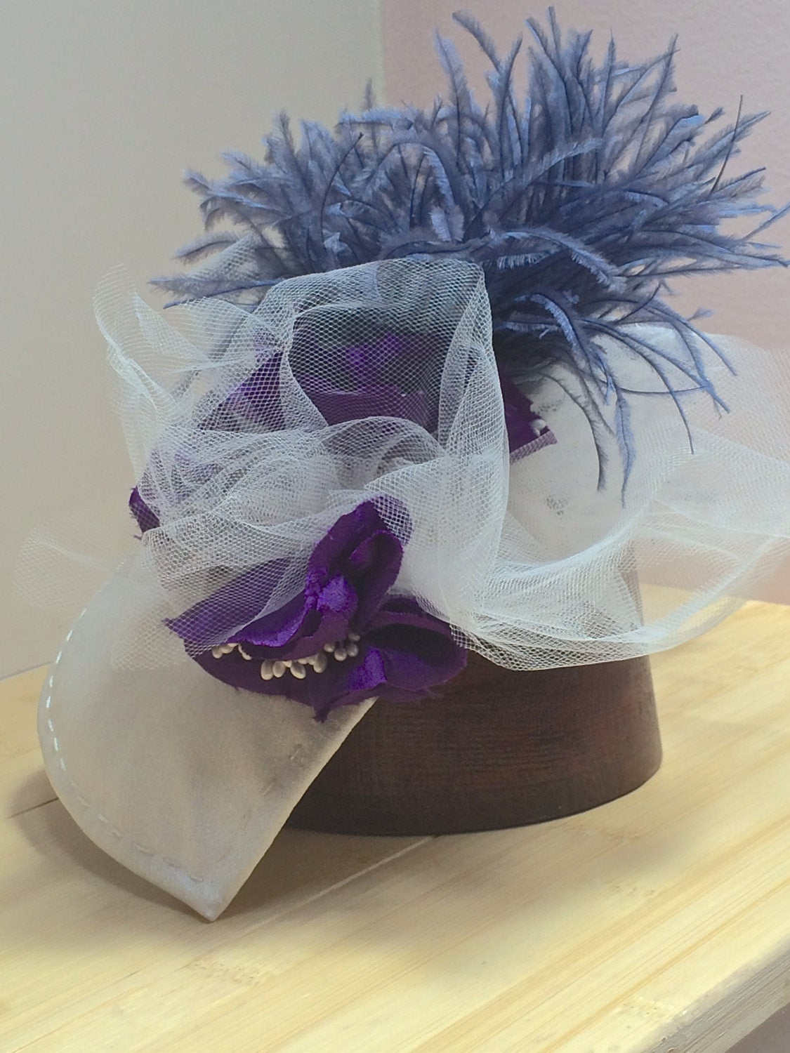 White Silk Fascinator, Wedding fascinator in Ivory, Purple and blue headpiece