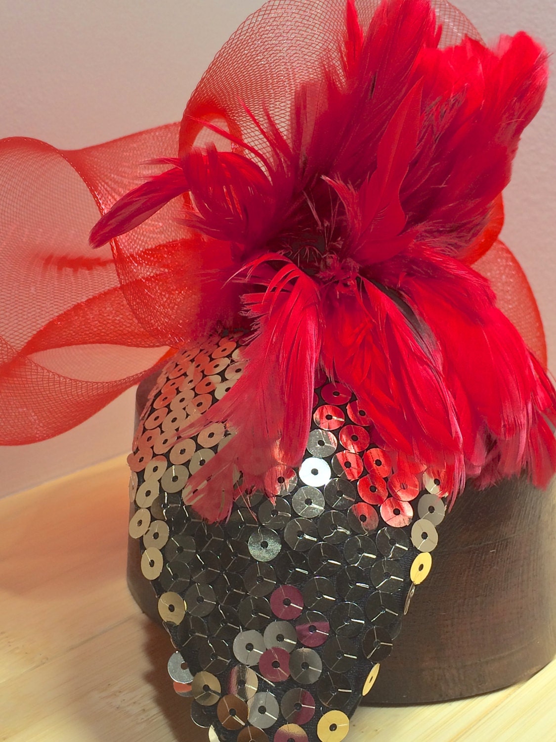 RED Christmas Fascinator, Christmas headpiece, New Years Eve Party Hat, Gold sequins headpiece. Red Feathers- Cocktail Evening Fascinator!