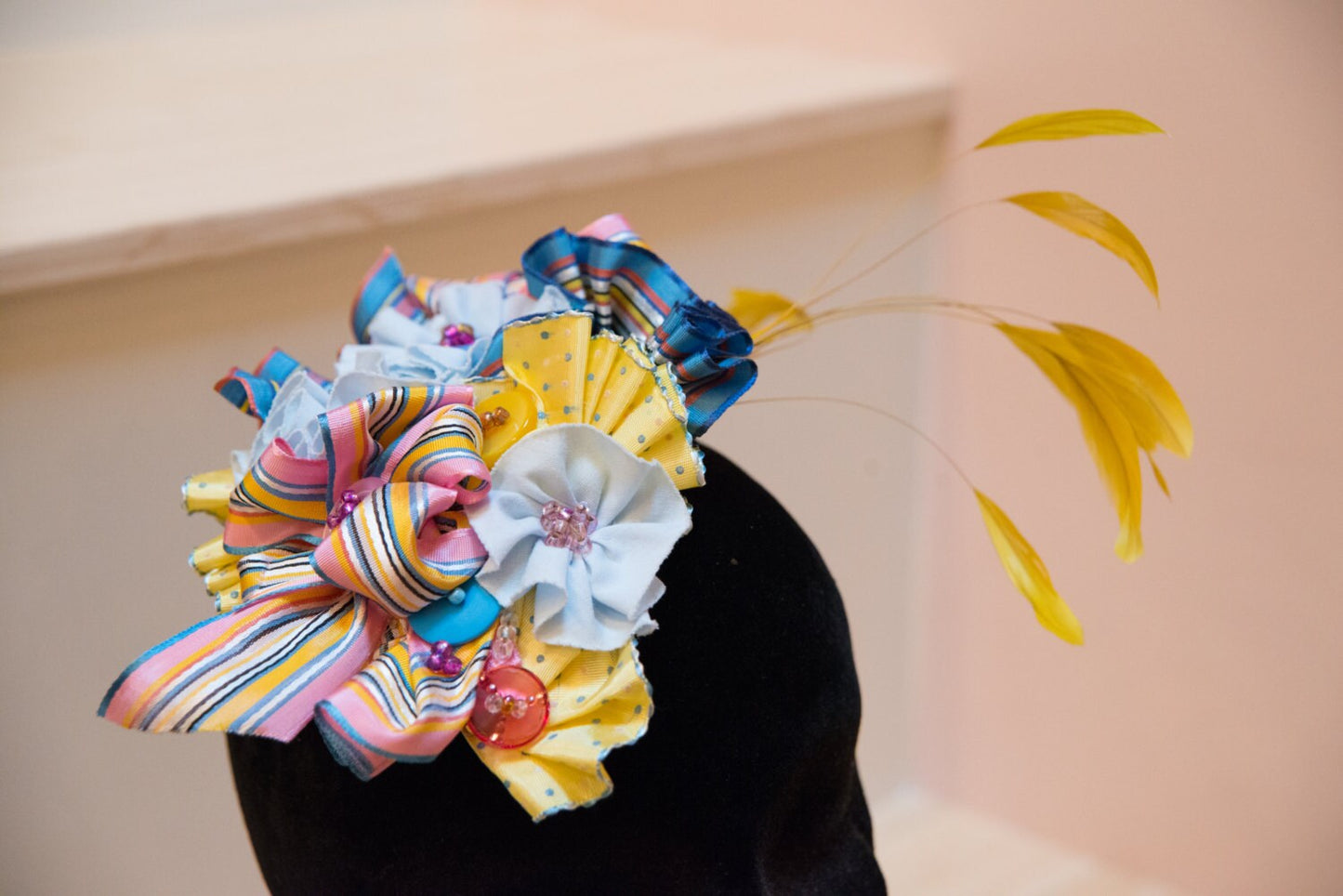 Fascinator in pink yellow and blue, Baby Shower headpiece, Multi ribbon Fascinator, Royal Ascot hat-Girls headpiece-Flower girl hair-