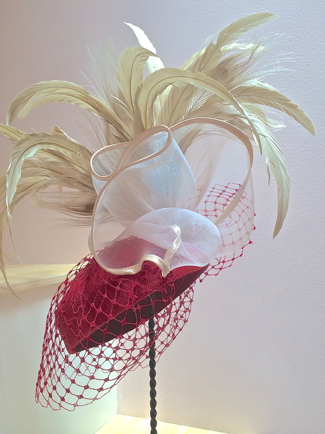 Red Sinamay hat with Feathers, Red Pill box hat, RED- Crinoline and Red Vintage Veiling, Church hat in Red, Mother of the Bride in Red.