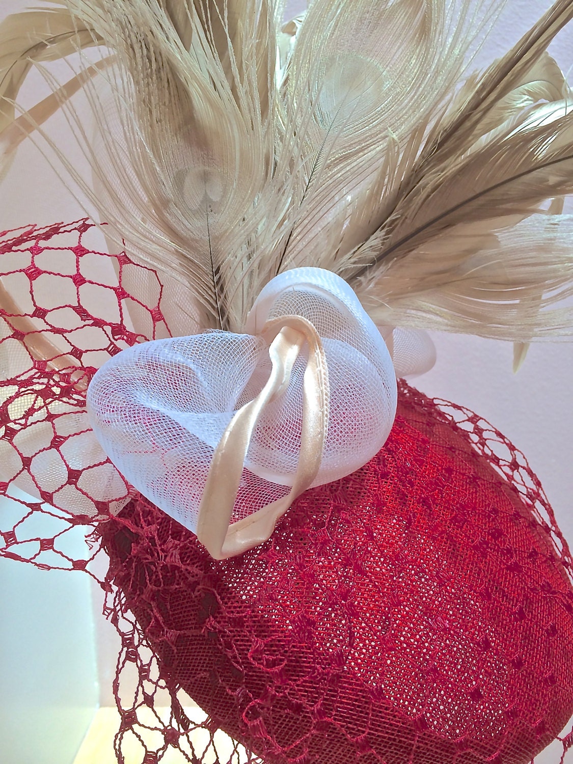 Red Sinamay hat with Feathers, Red Pill box hat, RED- Crinoline and Red Vintage Veiling, Church hat in Red, Mother of the Bride in Red.