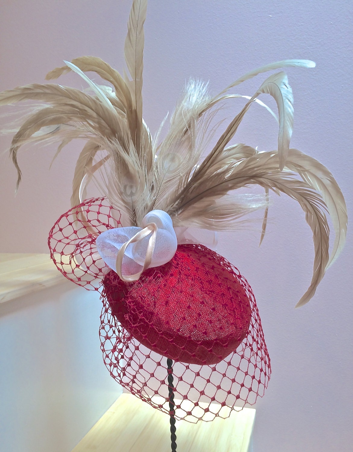 Red Sinamay hat with Feathers, Red Pill box hat, RED- Crinoline and Red Vintage Veiling, Church hat in Red, Mother of the Bride in Red.