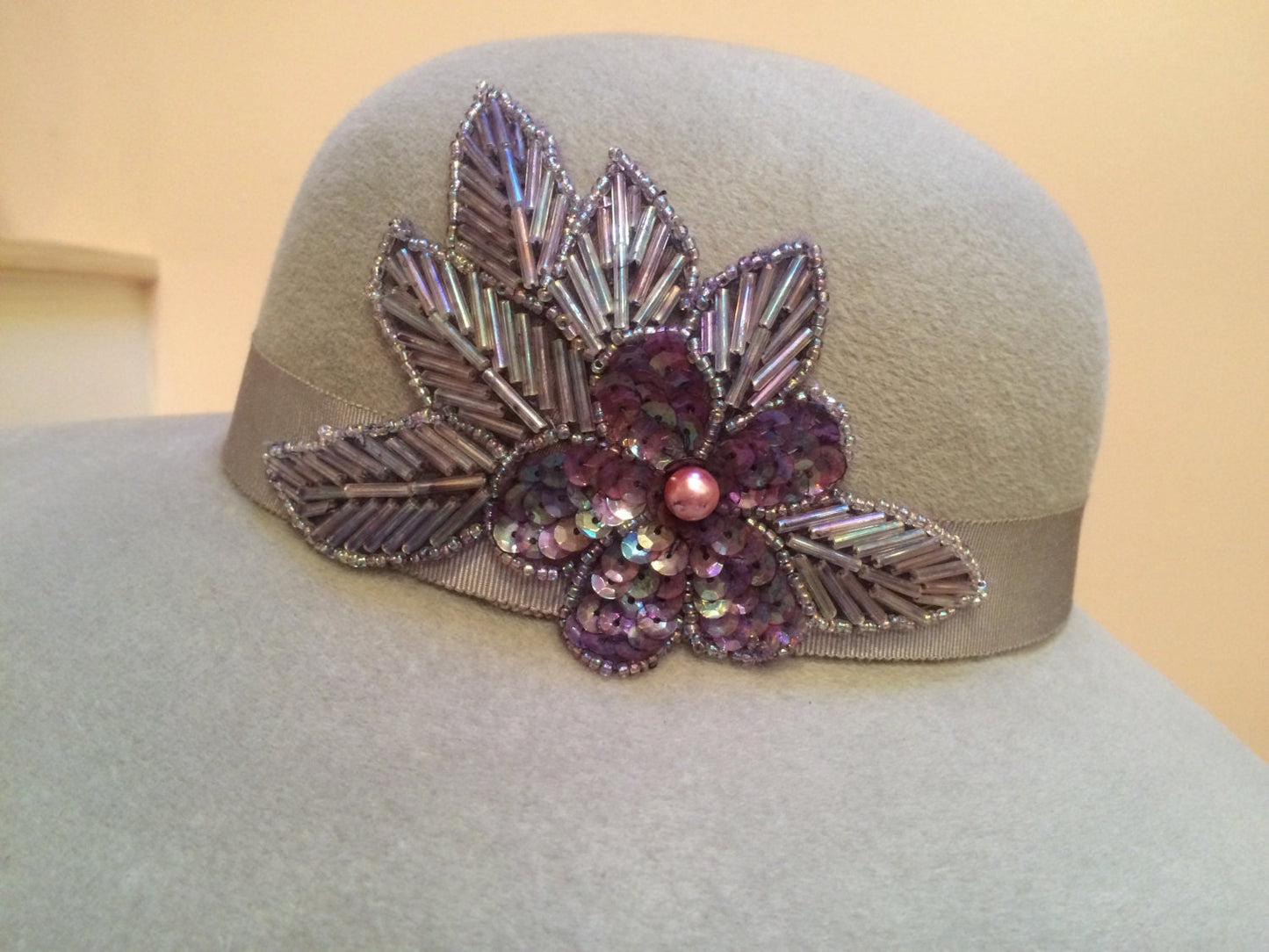 Wide Wavy Brimmed Hat, Grey Velour Hat with Beaded appliqué in Purples and Mauves. Beaded appliqué on Grey Velour hat. Church or wedding hat