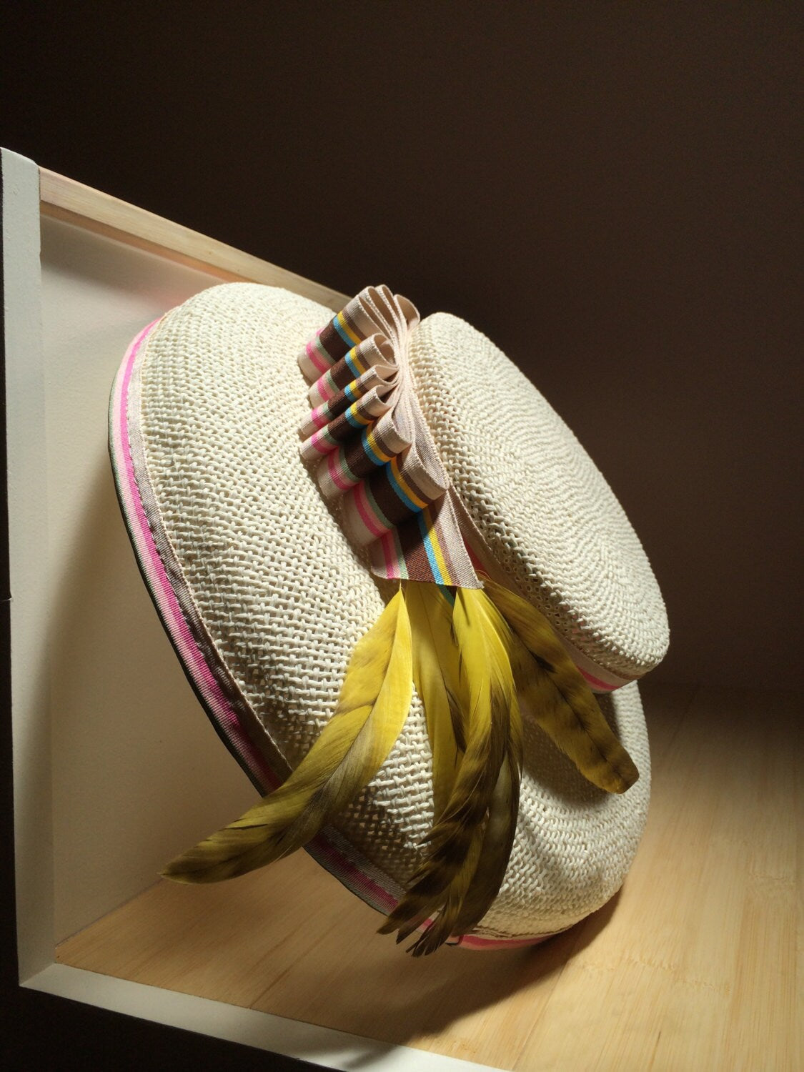 Wide Brimmed Boater Hat in Ivory, Hat with Yellow Feathers, Summer Boater hat. Mother of the Bride Hat. Garden Party or Church hat