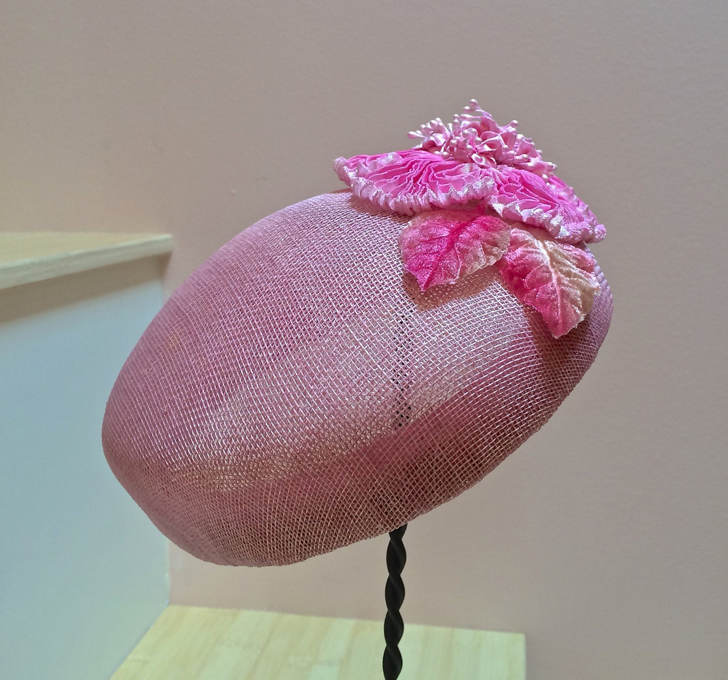 Pink Sinamay Pill Box Hat, Wedding hat, Mother of the Bride hat, Girls hat. Garden party or Church hat. Pink Straw Pill Box Hat with floral