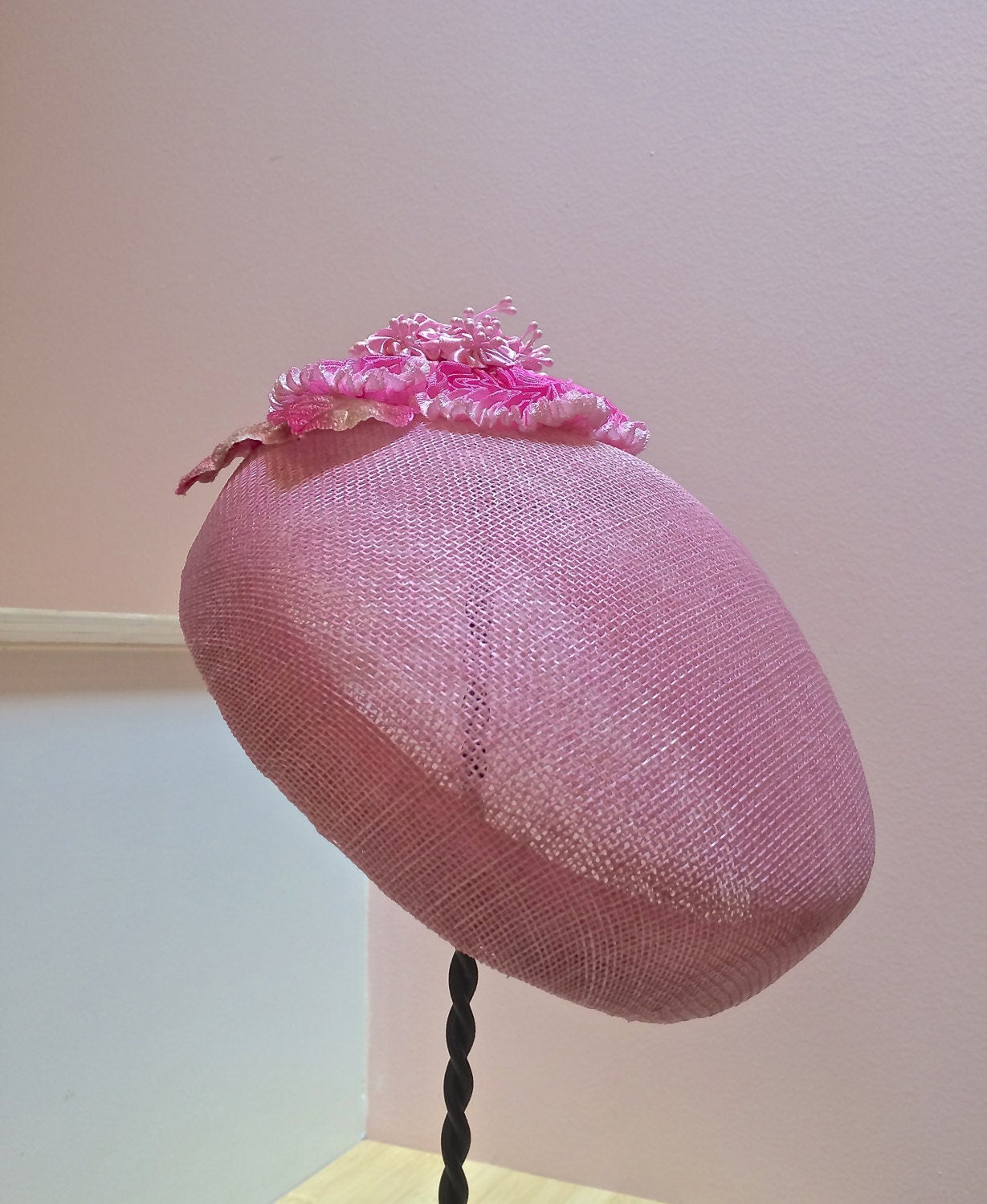 Pink Sinamay Pill Box Hat, Wedding hat, Mother of the Bride hat, Girls hat. Garden party or Church hat. Pink Straw Pill Box Hat with floral