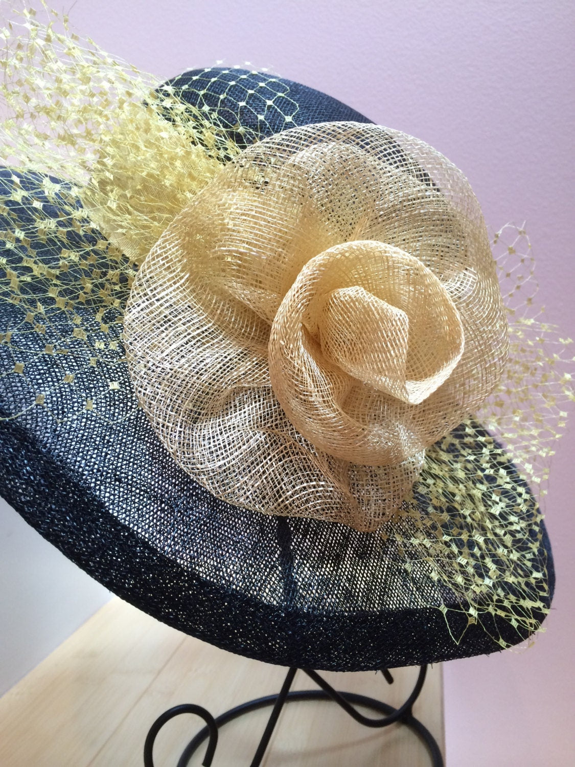 Black Sinamay Hat, Wide Brimmed hat Yellow Trim, Veiling, Black and Yellow hat. Wedding hat, Kentucky Derby, Royal Ascot, Race Track Hat