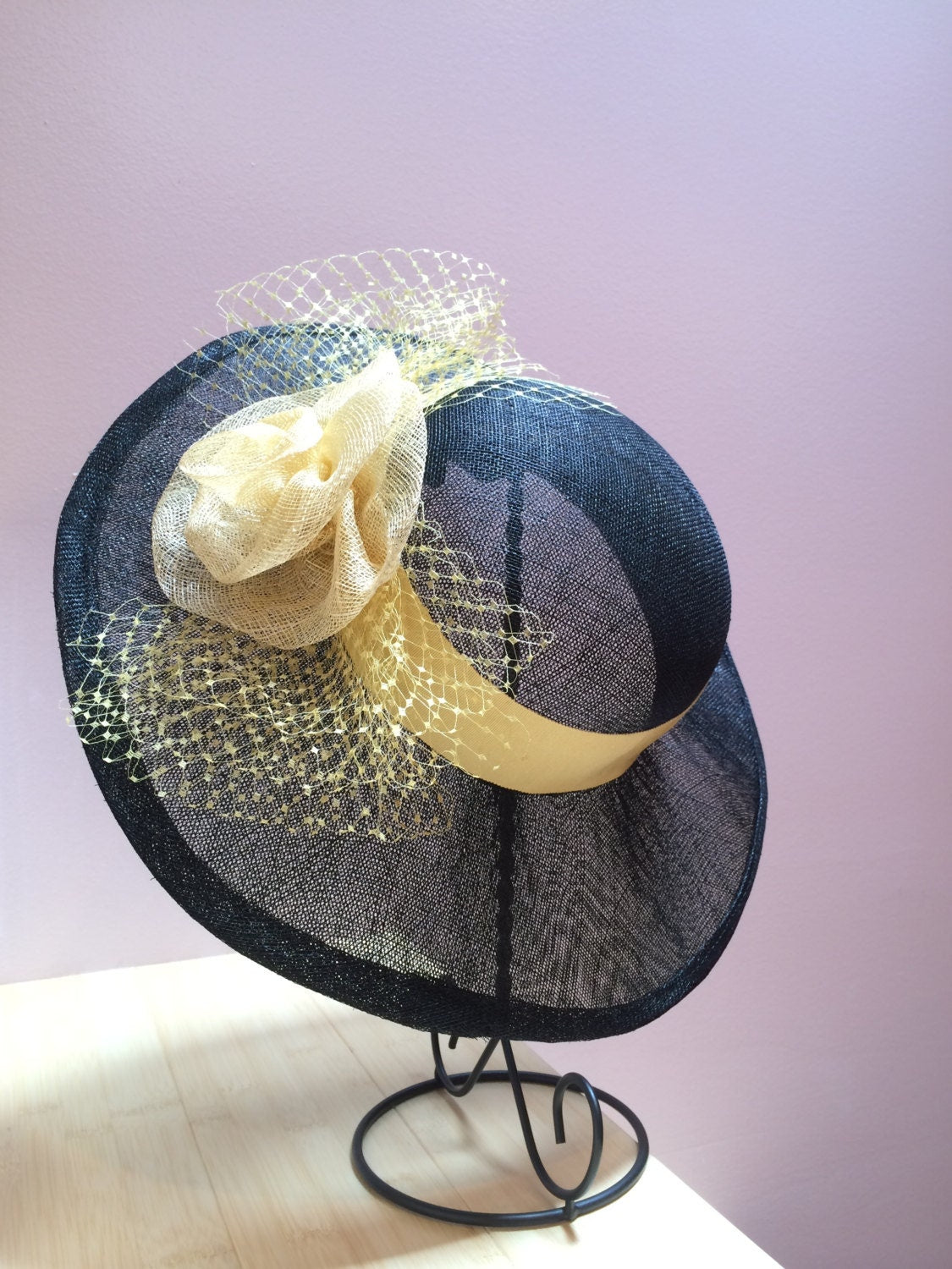 Black Sinamay Hat, Wide Brimmed hat Yellow Trim, Veiling, Black and Yellow hat. Wedding hat, Kentucky Derby, Royal Ascot, Race Track Hat