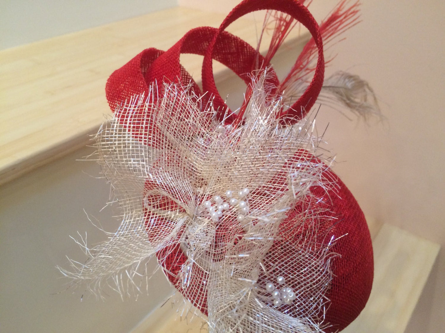 Red Fascinator with Peacock Feathers- Ivory trim on hat- Wedding Fascinator- Kentucky Derby-Royal Ascot Hat- Mother of the Bride-Bridesmaid