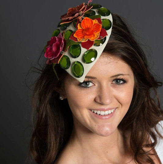 Light grey Suede fascinator, Jeweled Fascinator, Cocktail hat with jewels and flowers-Brides Maids hairpiece-Mother of the Bride-Evening hat