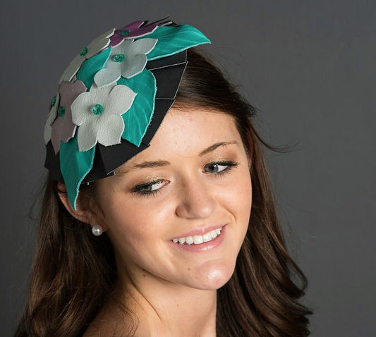 Fascinator, Leather fashion hat, turquoise floral leather hat, Leather fascinator. Garden Party or Wedding hat. Turquoise and violet flowers