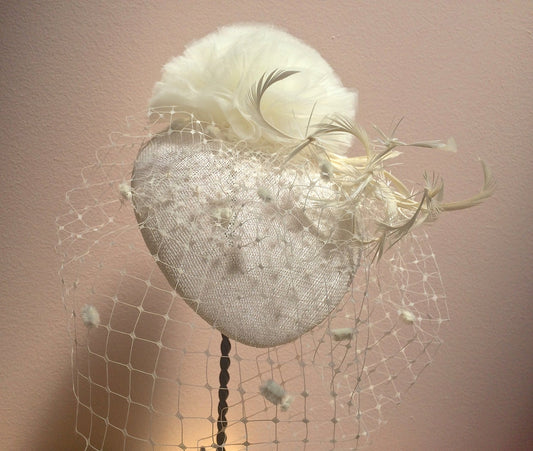 Ivory Sinamay Bridal Headpiece, Wedding hat, Tulle, Bridal hat, Feathers and Veiling, Church hat, Kentucky Derby, Royal Ascot, Luncheon Hat