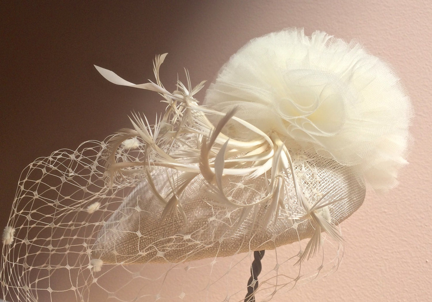 Ivory Sinamay Bridal Headpiece, Wedding hat, Tulle, Bridal hat, Feathers and Veiling, Church hat, Kentucky Derby, Royal Ascot, Luncheon  Hat