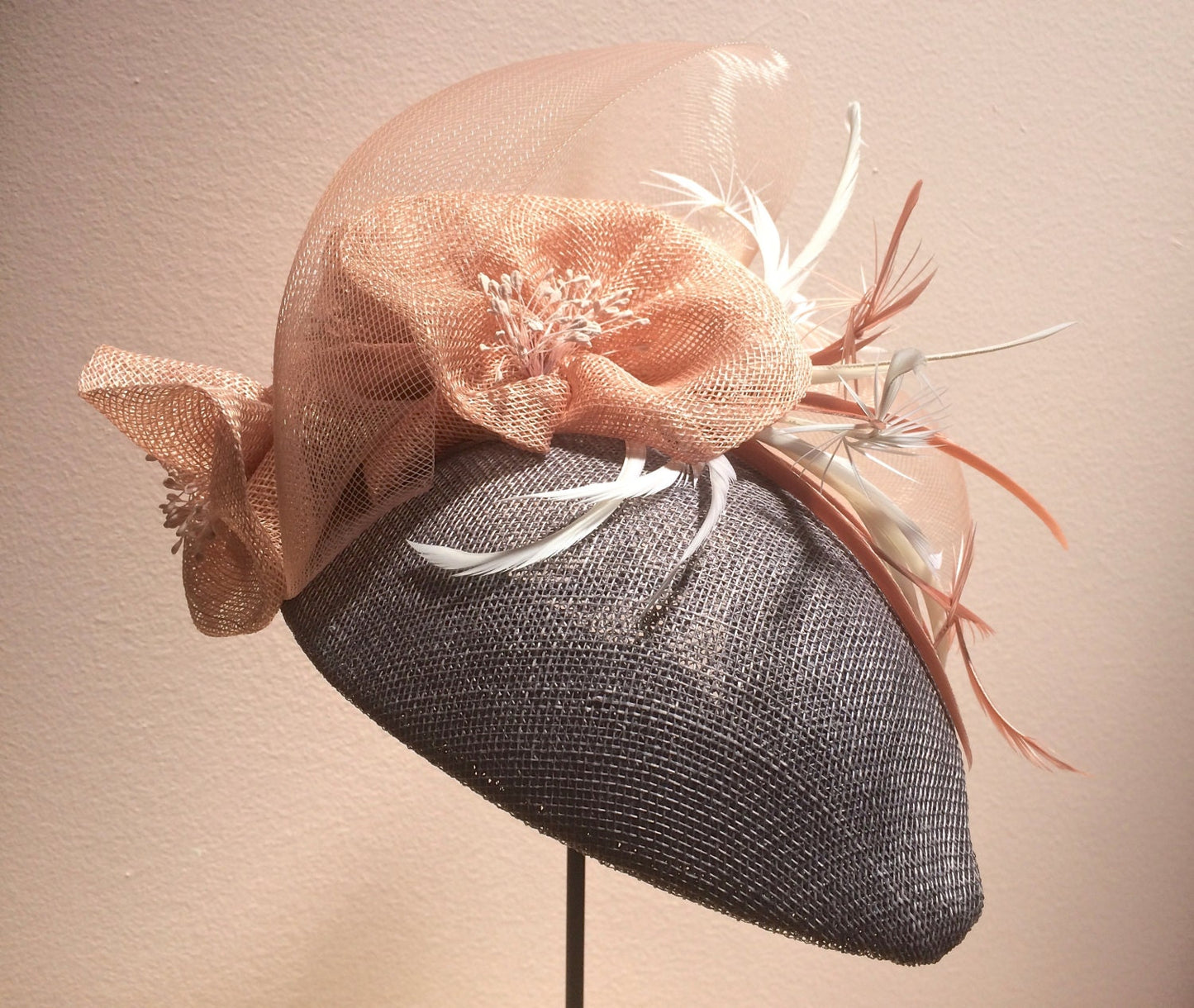 Mother of the Bride hat, Fascinator in grey and Peach with feathers--Bridal hat-Races Hat-Church Hat-Cocktail Hat, Royal Ascot, Derby hat!