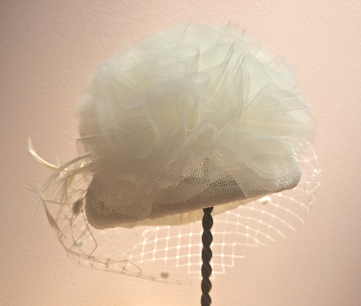Ivory Sinamay Bridal Headpiece, Wedding hat, Tulle, Bridal hat, Feathers and Veiling, Church hat, Kentucky Derby, Royal Ascot, Luncheon Hat