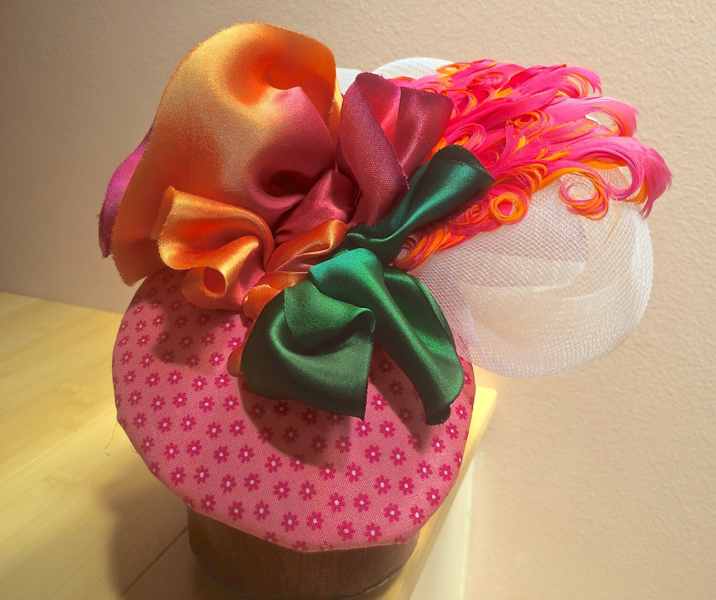 Colorful Pink fascinator, Yellow and Green and White Fascinator, Brides maids headpiece-Destination wedding-Cocktail party-Summer party hat