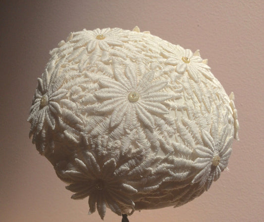 Ivory Cotton Embroidered Lace Pill Box-Bridal Hat with Cellulose bead -Bridal Pill Box-Brides Maid hat-Vintage Look Hat-Floral brides Hat-