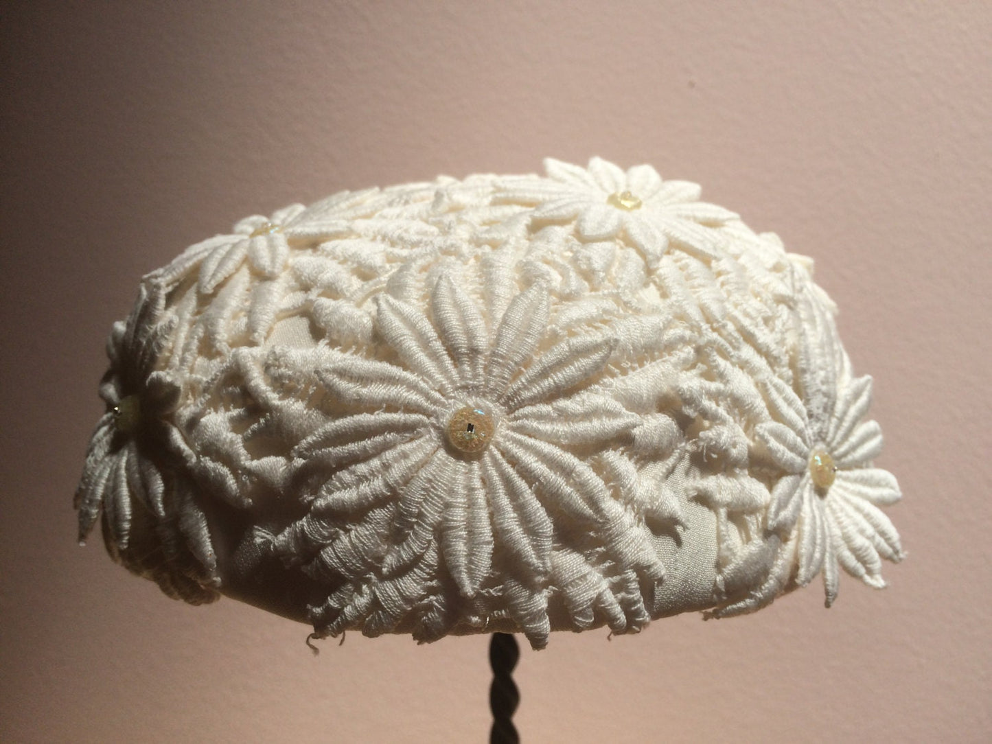 Ivory Cotton Embroidered Lace Pill Box-Bridal Hat with Cellulose bead -Bridal Pill Box-Brides Maid hat-Vintage Look Hat-Floral brides Hat-