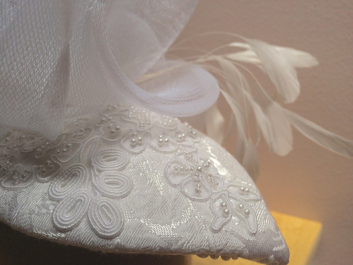 Pure White Wedding Fascinator with Feathers, Traditional wedding headpiece, White Wedding hat with White Crinoline. Beaded wedding headpiece