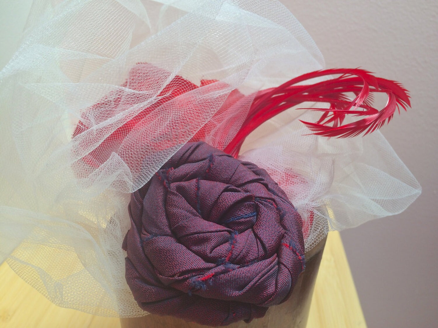 Red Fascinator with tulle, Engagement party hat, Valentine's Day Fascinator, Party Hat-Pretty-Christmas Fascinator or Fancy Cocktail Party!