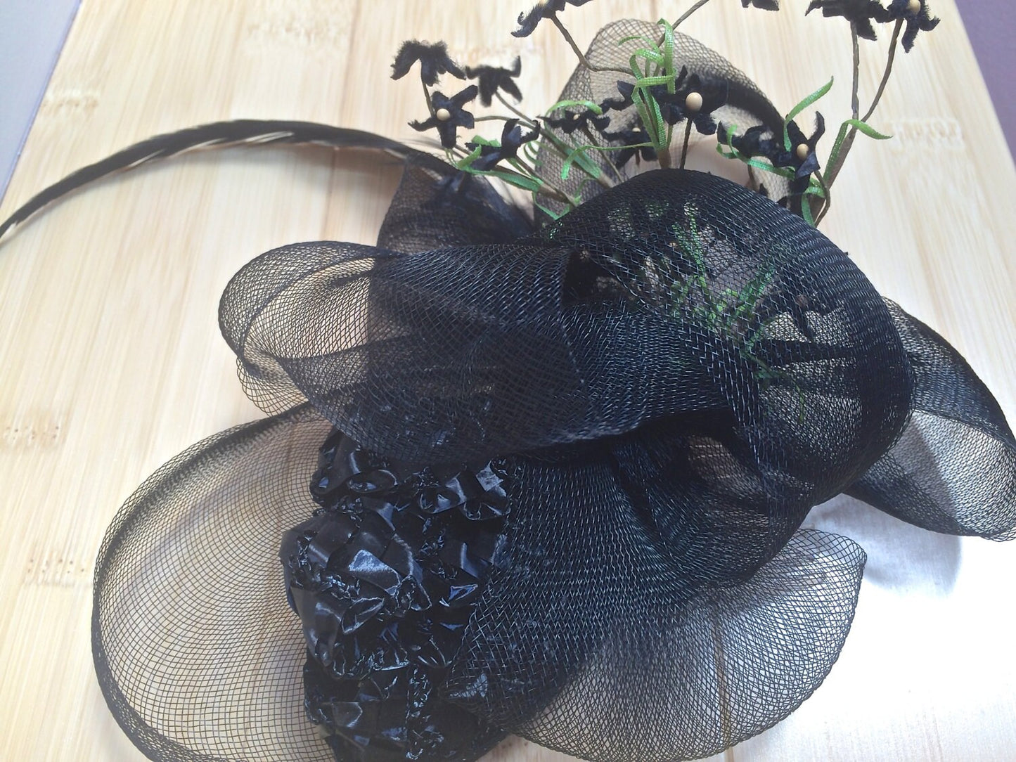 Black headpiece on comb, Black Flower headpiece, black vintage floral headpiece with Crinoline and Vintage Straw Braid-Evening hairpiece-