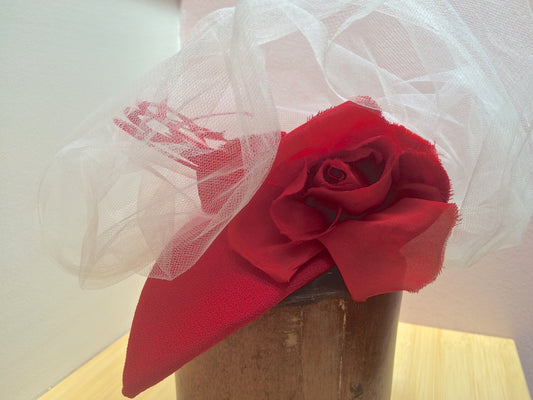 Red Fascinator with tulle, Engagement party hat, Valentine's Day Fascinator, Party Hat-Pretty-Christmas Fascinator or Fancy Cocktail Party!