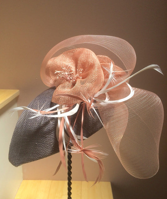 Mother of the Bride hat, Fascinator in grey and Peach with feathers--Bridal hat-Races Hat-Church Hat-Cocktail Hat, Royal Ascot, Derby hat!