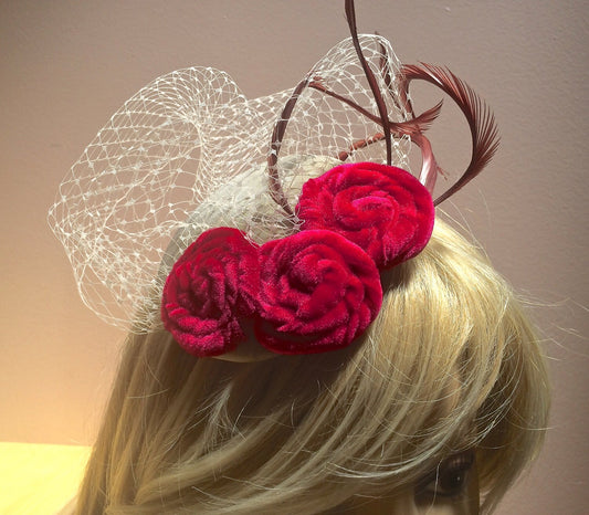Fascinator for Wedding, Brides headpiece, Mother of the Bride, Brides Maids hat with veiling, Mini Hat, Veil, Deep rose and ivory headpiece