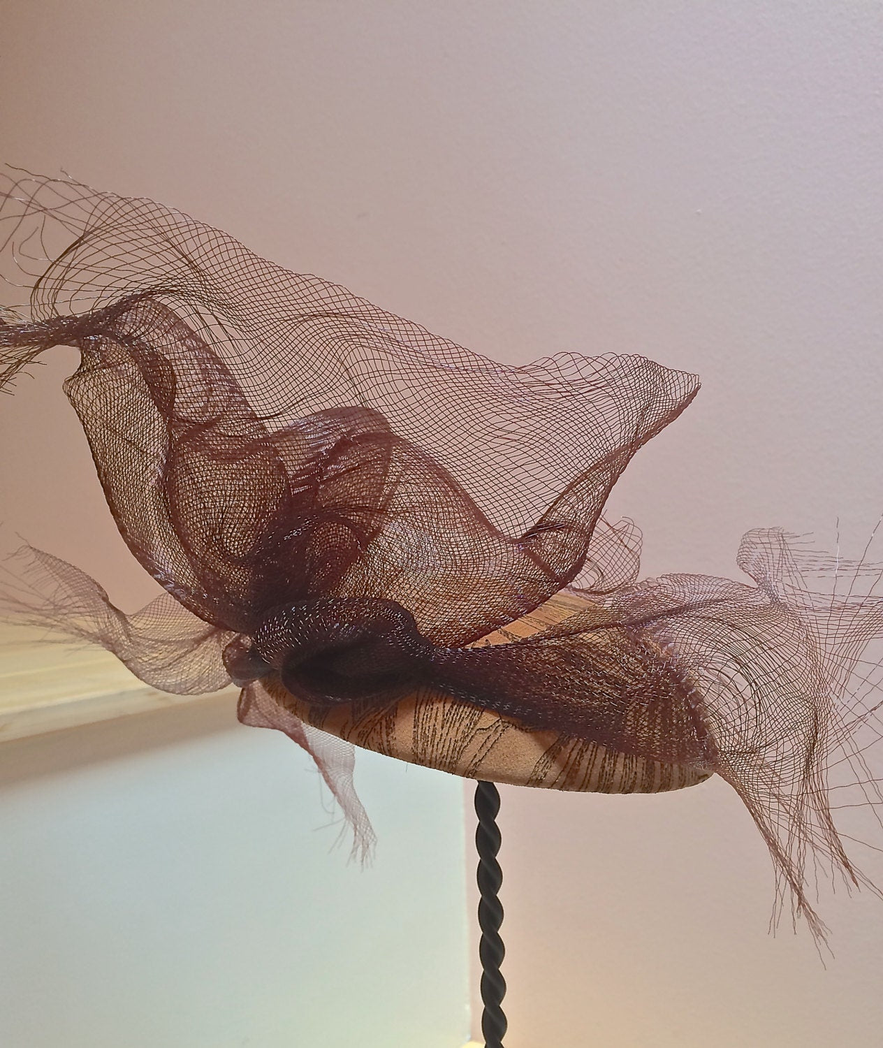 Tan and Brown Suede Stenciled Fascinator with Brown Crinoline. Perfect for the Races,Cocktail Party Hat-Suede! Wedding or Special Occasion.