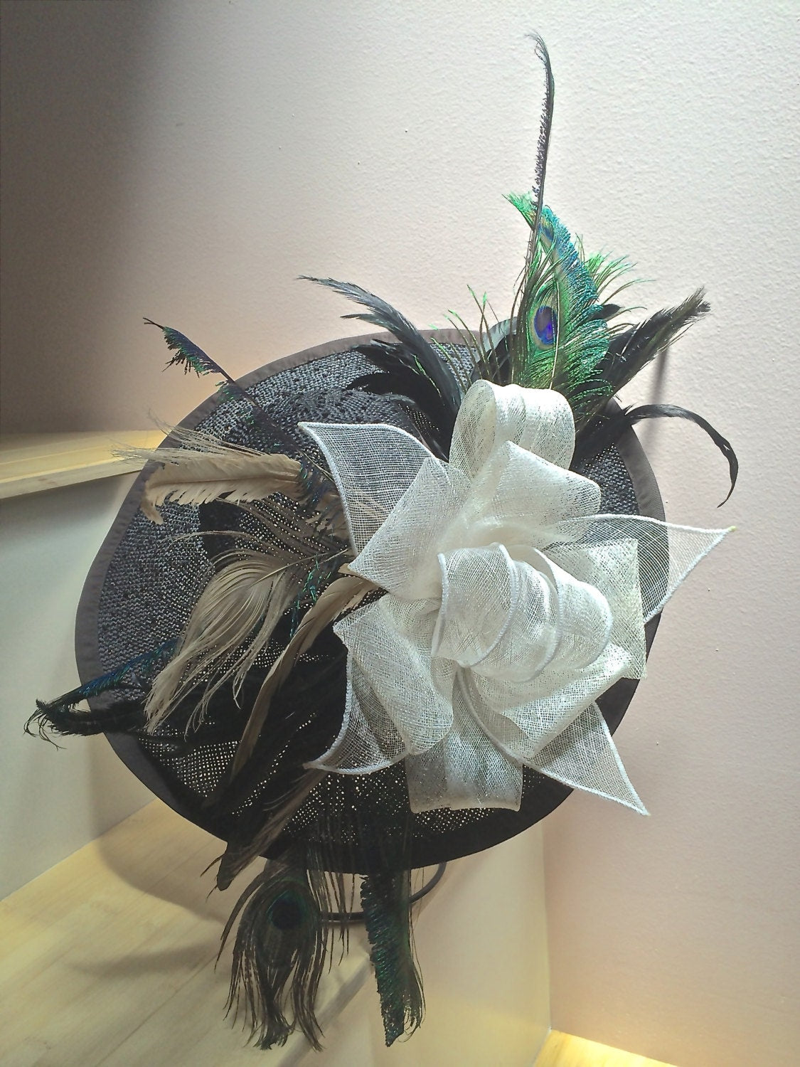 Large Black Derby or Church Hat with Feathers. Ivory sinamay Bow and Feathers from Peacocks and Roosters! Excellent for Polo Race Hat