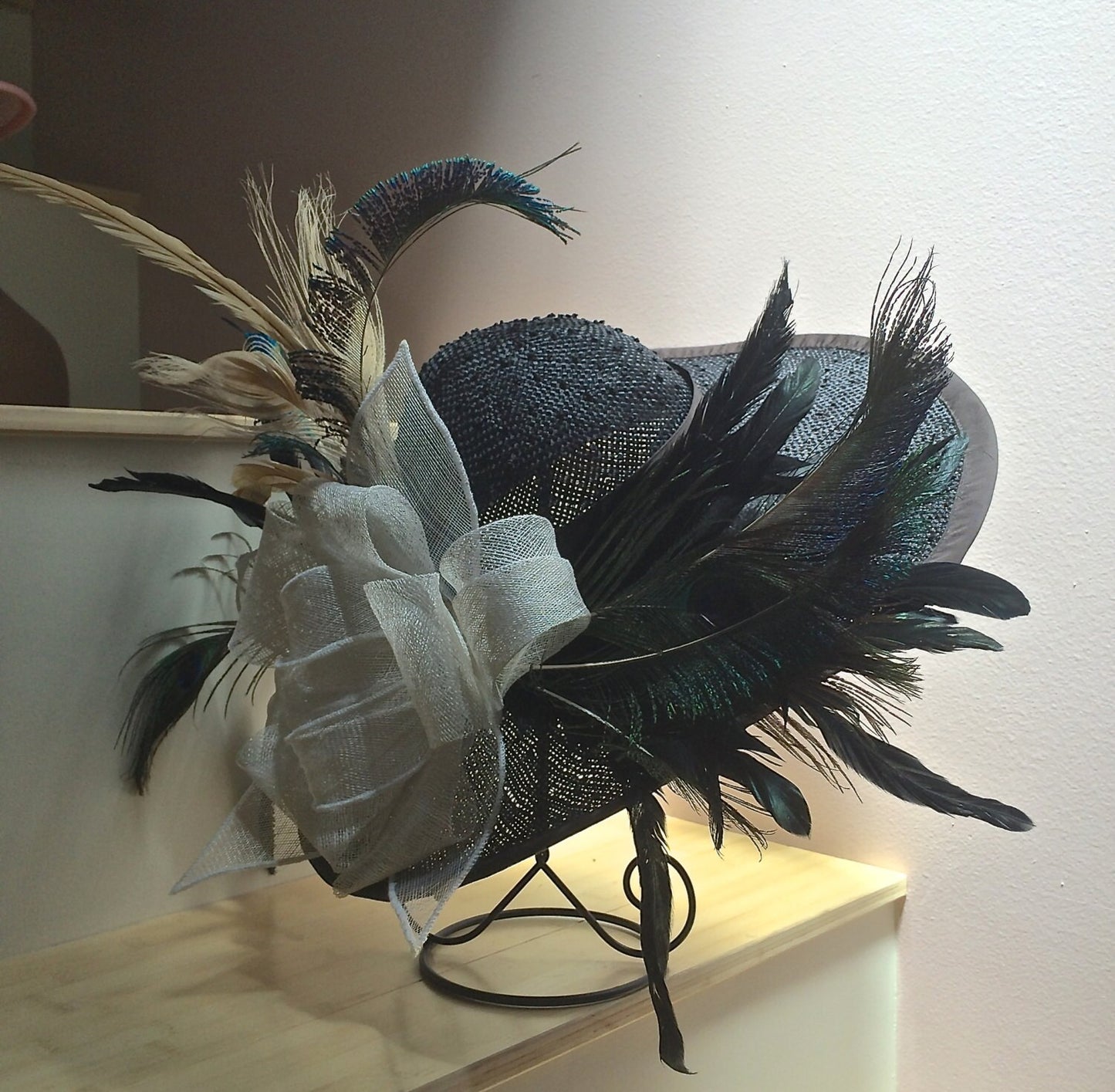 Large Black Derby or Church Hat with Feathers. Ivory sinamay Bow and Feathers from Peacocks and Roosters! Excellent for Polo Race Hat