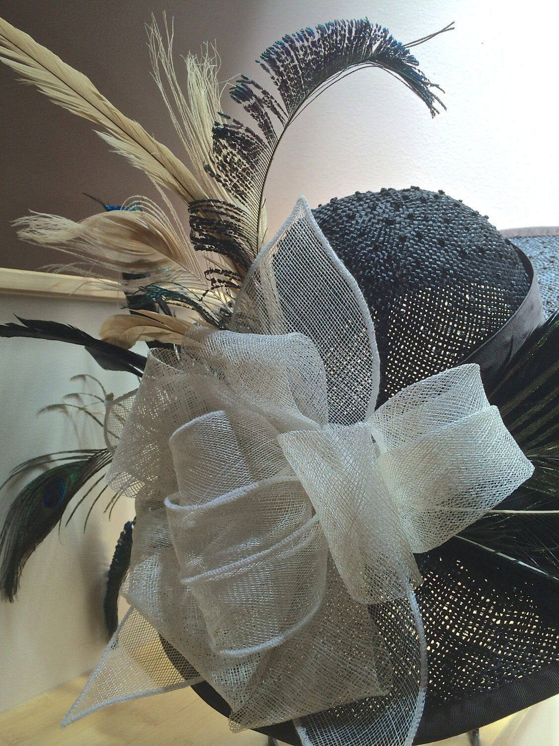 Large Black Derby or Church Hat with Feathers. Ivory sinamay Bow and Feathers from Peacocks and Roosters! Excellent for Polo Race Hat