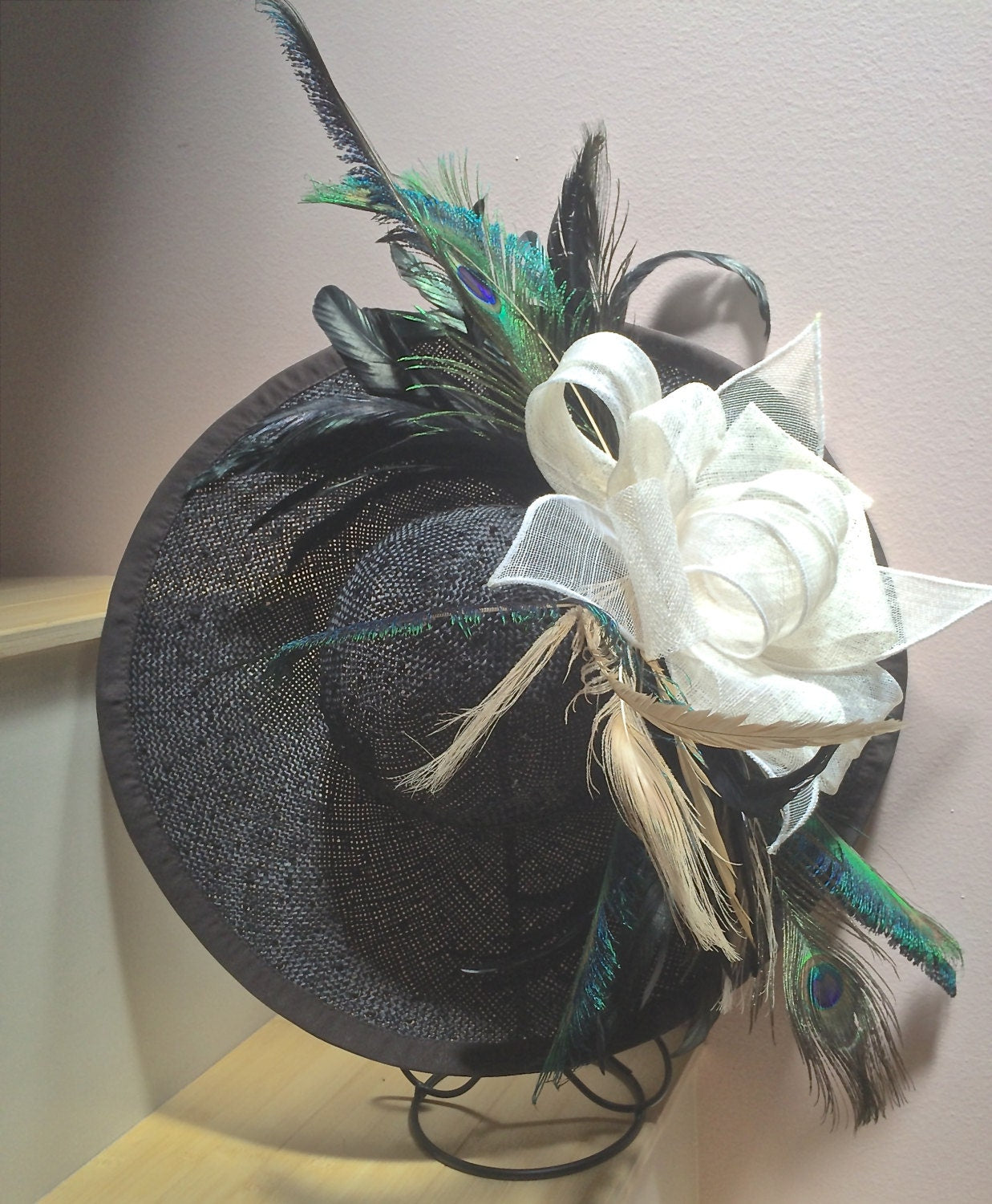 Large Black Derby or Church Hat with Feathers. Ivory sinamay Bow and Feathers from Peacocks and Roosters! Excellent for Polo Race Hat