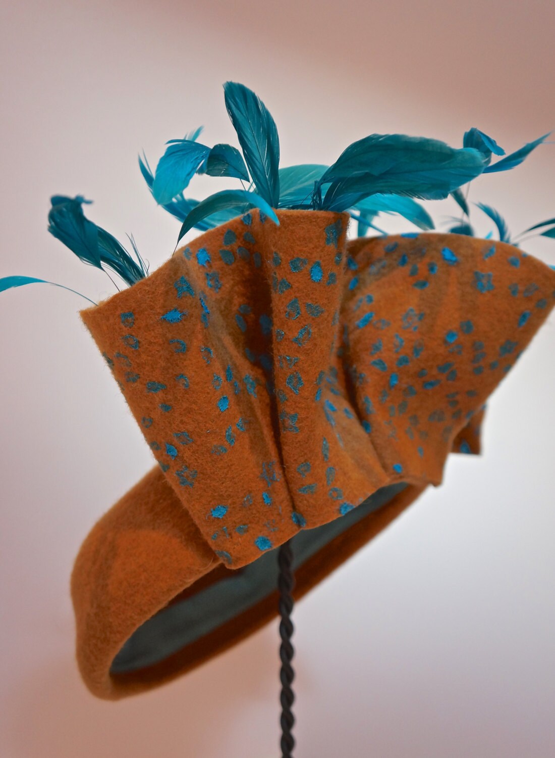 Rich Golden Amber Colored Wool Pill Box Hat-Turquoise Hand Painted embellishment-Turquoise Biot and Coque Feathers. Winter Races-Church Hat!