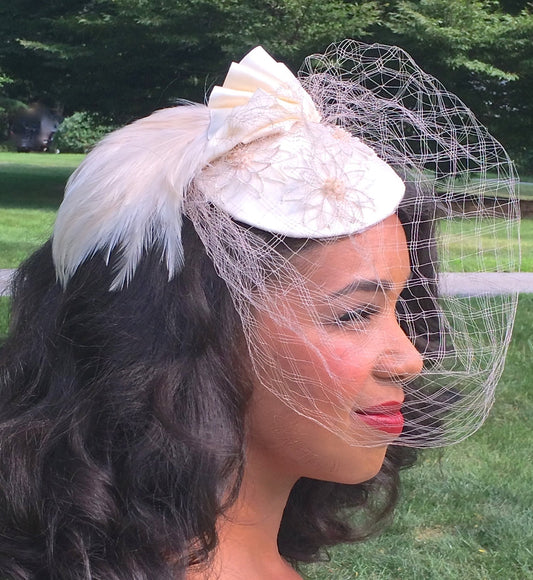 Perfect Wedding Fascinator, Ivory Bridal Headpiece with Unique Veiling, Satin ribbon Detail and Feather Pad- Beaded Vintage Appliqué-