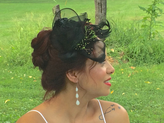 Black headpiece on comb, Black Flower headpiece, black vintage floral headpiece with Crinoline and Vintage Straw Braid-Evening hairpiece-