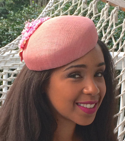 Pink Sinamay Pill Box Hat, Wedding hat, Mother of the Bride hat, Girls hat. Garden party or Church hat. Pink Straw Pill Box Hat with floral