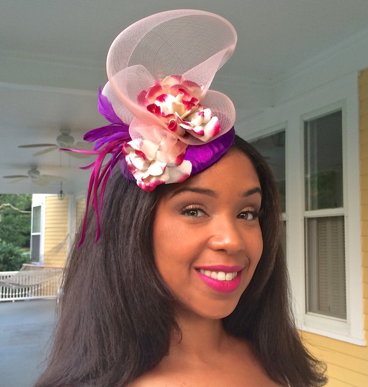 Radiant Orchid Fascinator, Purple fabric covered Fascinator with Crinoline and feathers, Wedding hat or Evening Cocktail Hat