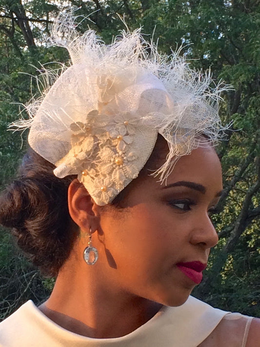 Ivory SINAMAY Wedding Fascinator, Cotton Lace Wedding Hat, Wedding headpiece with Beads-BRIDAL headpiece- Hat for the Bride-Off White Bridal