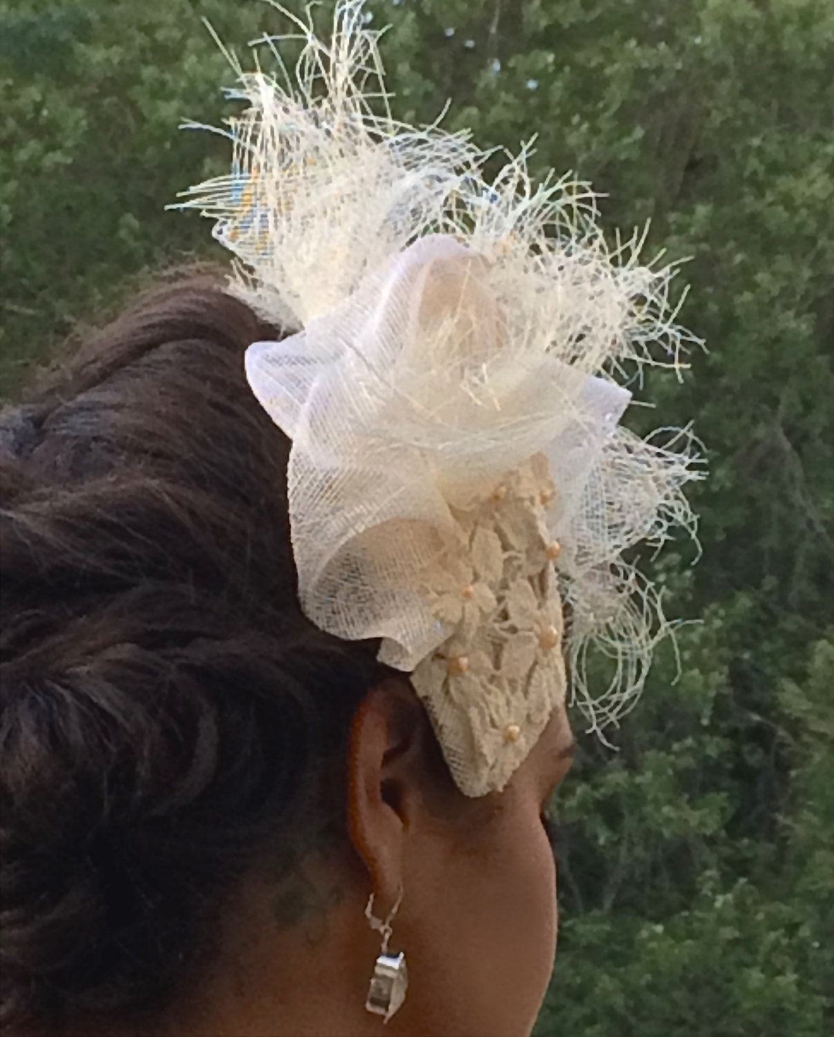 Ivory SINAMAY Wedding Fascinator, Cotton Lace Wedding Hat, Wedding headpiece with Beads-BRIDAL headpiece- Hat for the Bride-Off White Bridal