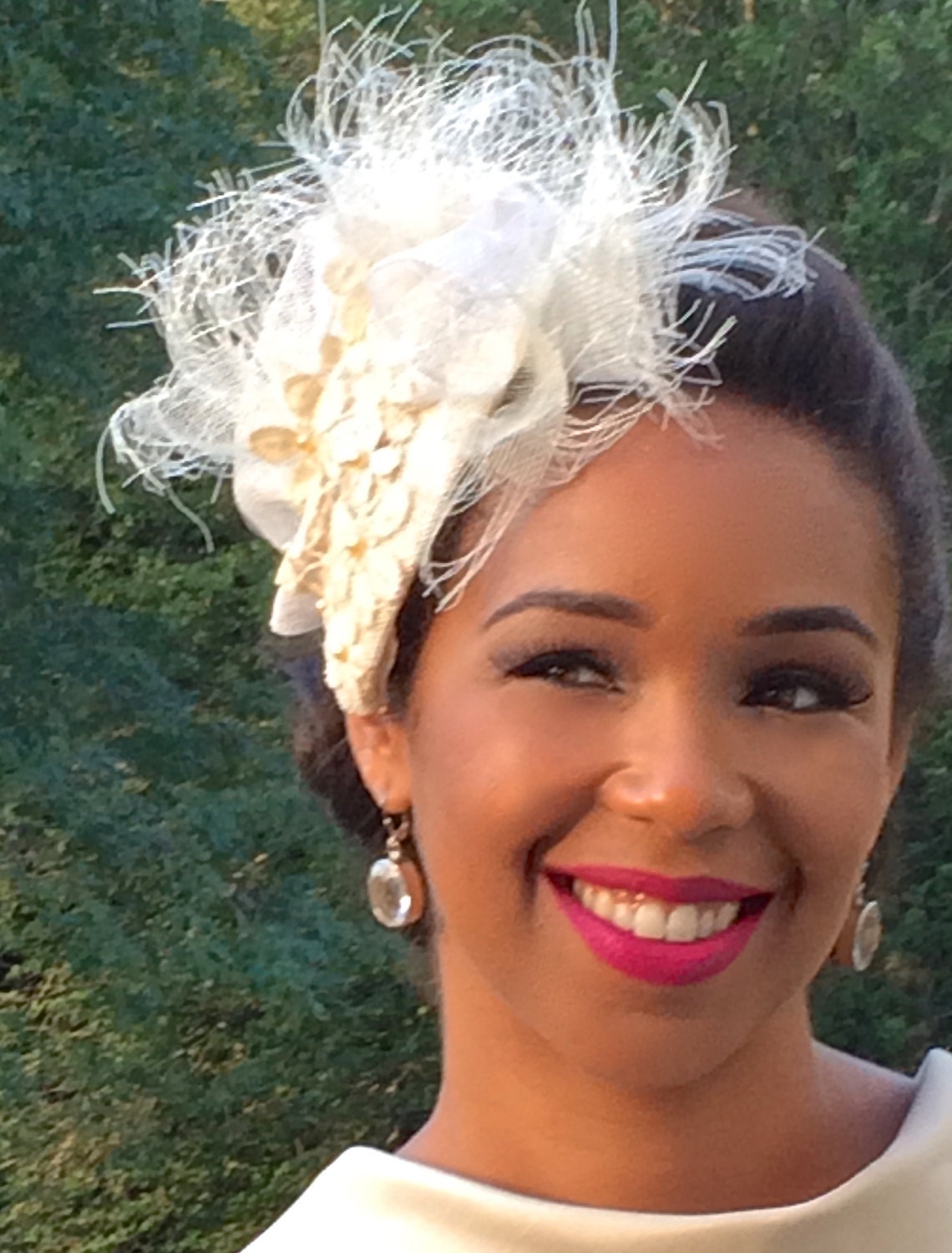 Ivory SINAMAY Wedding Fascinator, Cotton Lace Wedding Hat, Wedding headpiece with Beads-BRIDAL headpiece- Hat for the Bride-Off White Bridal