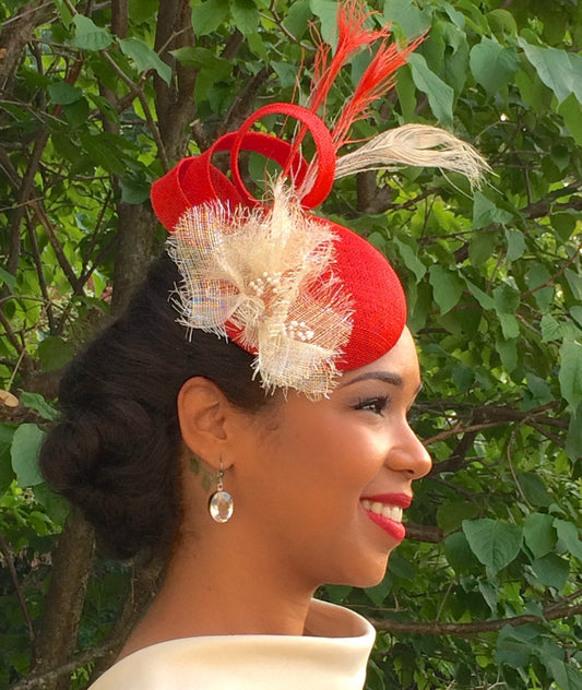 Red Fascinator with Peacock Feathers- Ivory trim on hat- Wedding Fascinator- Kentucky Derby-Royal Ascot Hat- Mother of the Bride-Bridesmaid