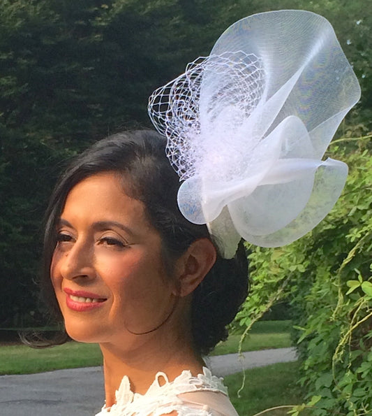 Pure White Wedding Fascinator with Feathers, Traditional wedding headpiece, White Wedding hat with White Crinoline. Beaded wedding headpiece