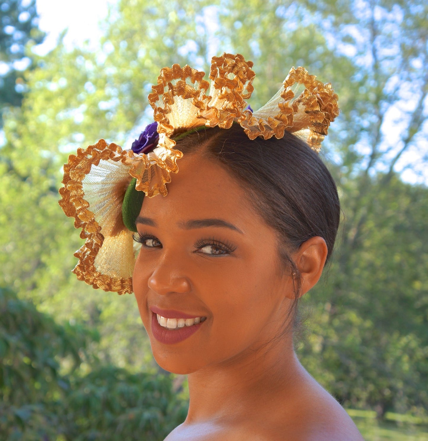 Gold and Purple Frilly Fascinator, Mardi Gras hat, Carnival headpiece with Purple Flowers and Green gems. Perfect Special Occasion Party Hat