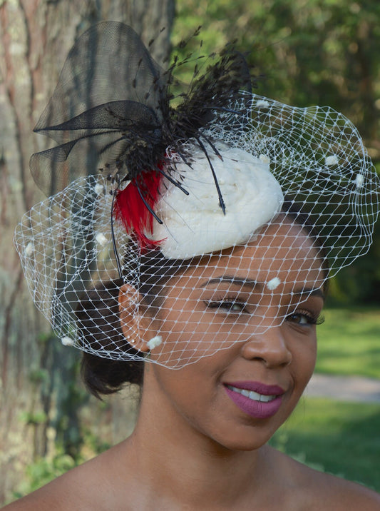 Stunning Ivory Tulle Fascinator with Vintage Ivory Veiling- Vintage black feather piece- red feather accent-Bridal or Mother of the Bride