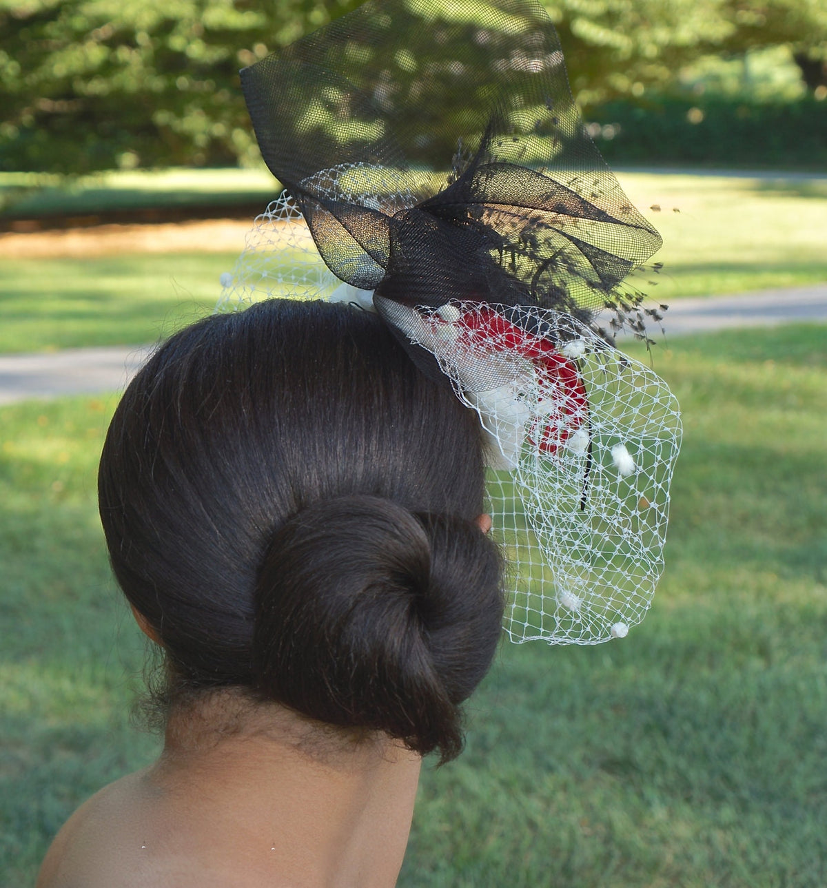 Stunning Ivory Tulle Fascinator with Vintage Ivory Veiling- Vintage black feather piece- red feather accent-Bridal or Mother of the Bride