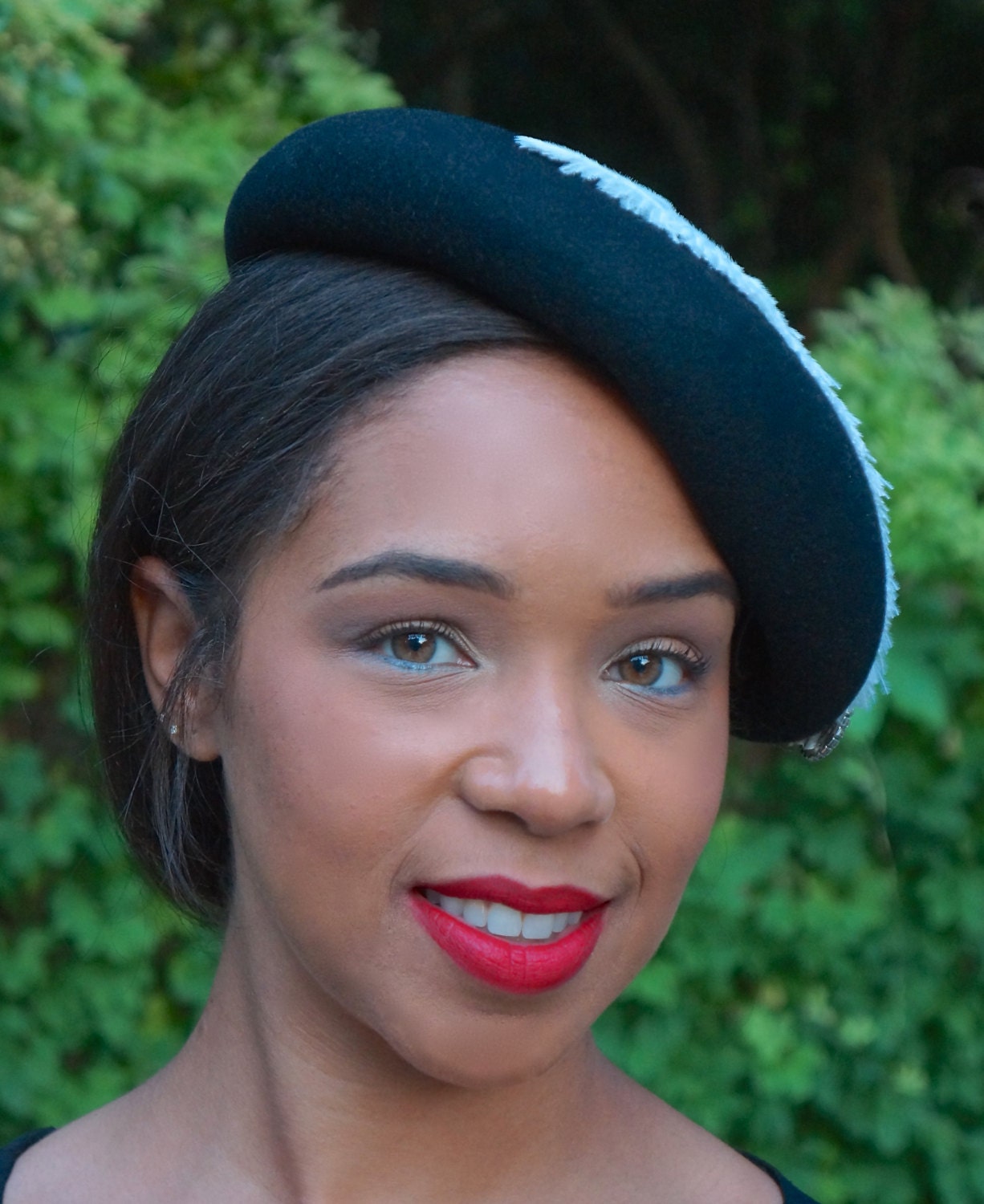 Black Wool Beret with Trimmed White Ostrich Feathers and Rhinestone Jewel- Church-Weddings-Race Hat-Polo Matches-Saratoga Races