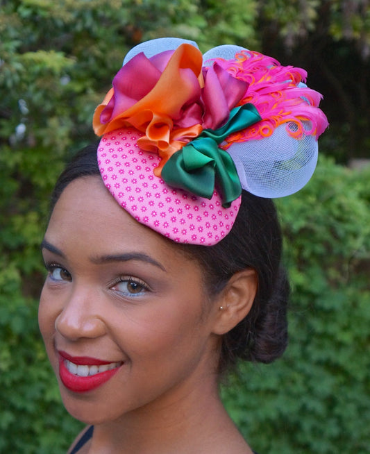 Colorful Pink fascinator, Yellow and Green and White Fascinator, Brides maids headpiece-Destination wedding-Cocktail party-Summer party hat