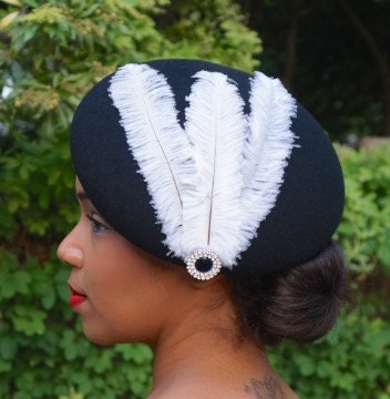 Black Wool Beret with Trimmed White Ostrich Feathers and Rhinestone Jewel- Church-Weddings-Race Hat-Polo Matches-Saratoga Races